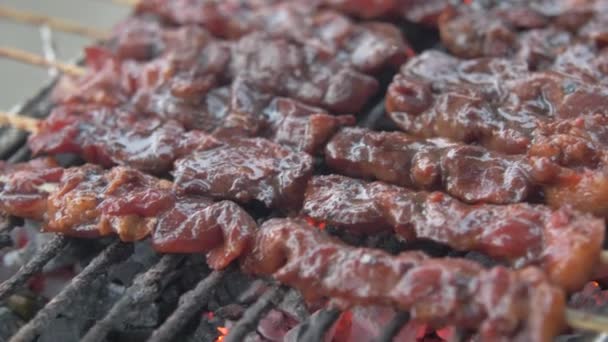 Închideți Tigaia Frigărui Carne Grătar — Videoclip de stoc