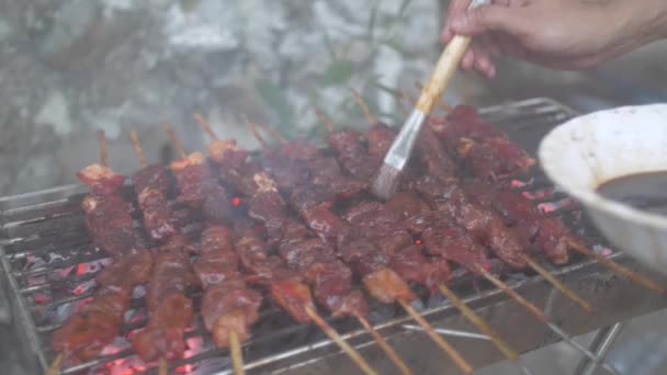 Colpo Rallentamento Della Carne Marinata Sulla Griglia — Video Stock