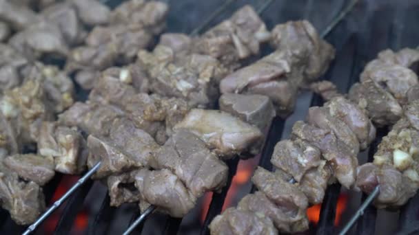 Closeup Deslizando Para Esquerda Espetos Cordeiro Crus Shish Kabob Uma — Vídeo de Stock