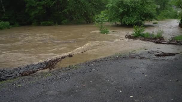 Movimiento Steadicam Mostrando Inundaciones Hasta Sobre Los Gaviones Durante Las — Vídeo de stock