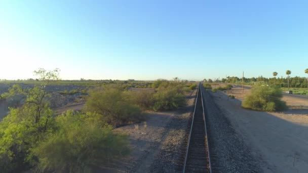 Aerial Desert Train Tracks Sunrise Highway — Stock video