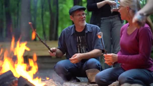Yetişkin Bir Adamın Kamp Ateşinin Önünde Gülümseyip Olgun Bir Kadınla — Stok video