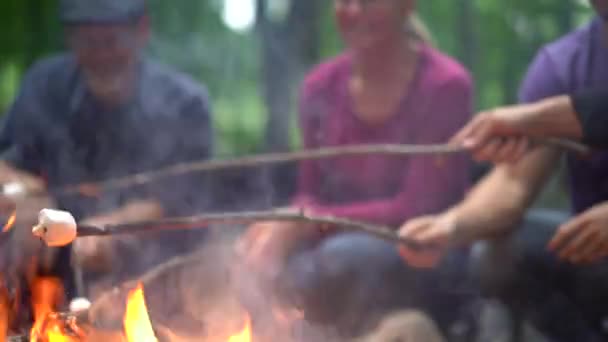 Fényképezőgép Csúszik Balra Közelkép Mályvacukor Botokon Felett Tábortűz — Stock videók