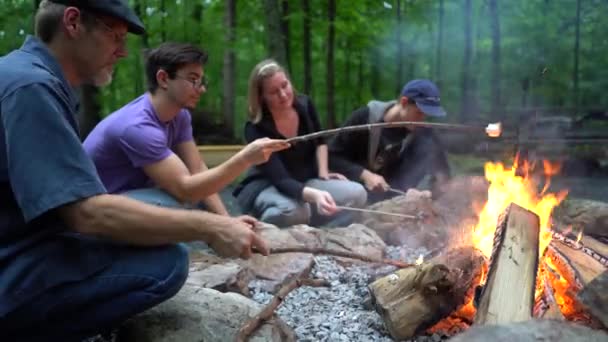 Närbild Tonåring Pojke Och Flicka Med Marshmallows Fire — Stockvideo