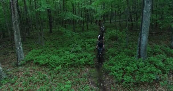 Caméra Aérienne Descendant Comme Une Longue File Vététistes Déplacent Long — Video