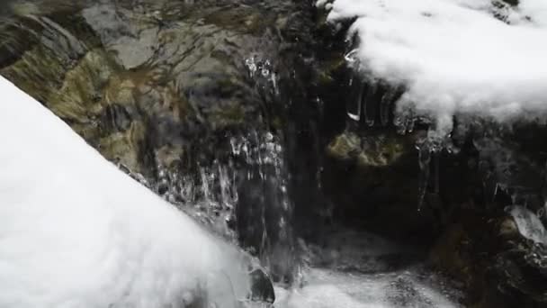 Långsam Rörelse Klipp Ett Litet Vattenfall Och Liten Bäck Vintern — Stockvideo