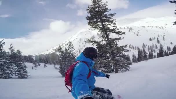 Snowboardzista Pada Twarzą Głębokiego Śniegu Proszku Reappeary Pokryte Śniegiem — Wideo stockowe