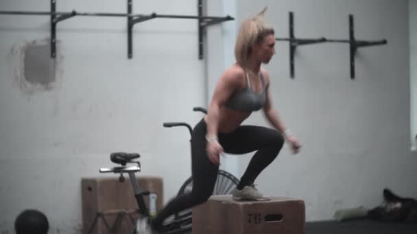 Crossfit Meisje Maken Doos Sprongen — Stockvideo