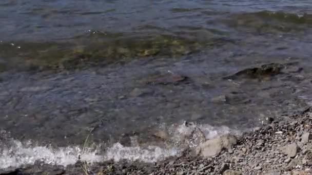 Agua Cámara Lenta Salpicando Frente Playa Rocosa — Vídeos de Stock