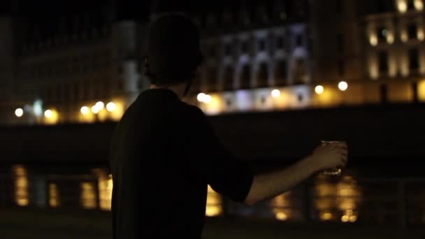 Young Man Drinking Alone Street Shouting People Next River Docks — Stock Video