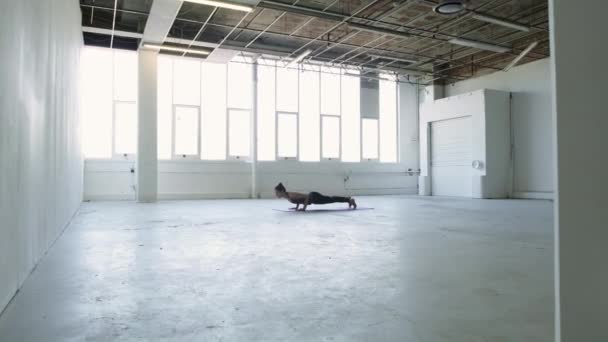 Wijd Bewegend Schot Van Een Jonge Brunette Vrouw Die Yoga — Stockvideo