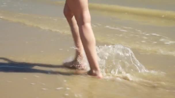Mujer Caminando Por Aguas Poco Profundas Del Océano Playa Arena — Vídeo de stock
