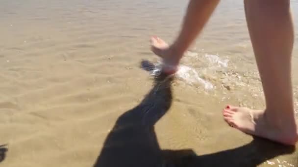 在阳光明媚的日子里 在美丽的沙滩上走在浅海中的女子的近照 — 图库视频影像