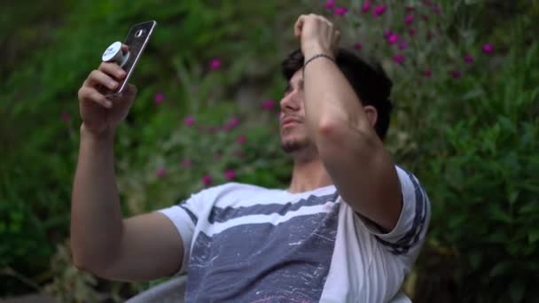 Closeup Handsome Teen Boy Prepping Himself Taking Selfie — Stock Video
