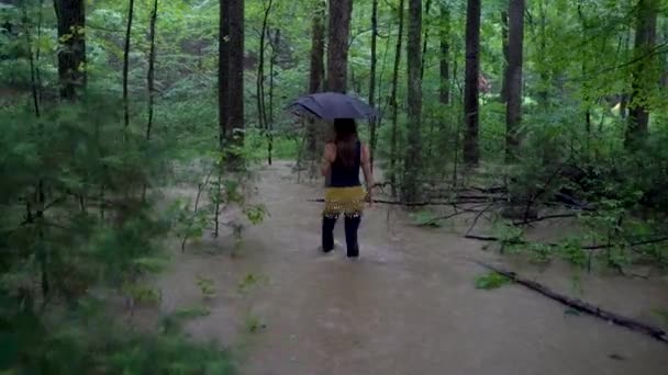 Woman Hip Scarf Wetsuit Walks Flooded Forest Umbrella — Stock Video