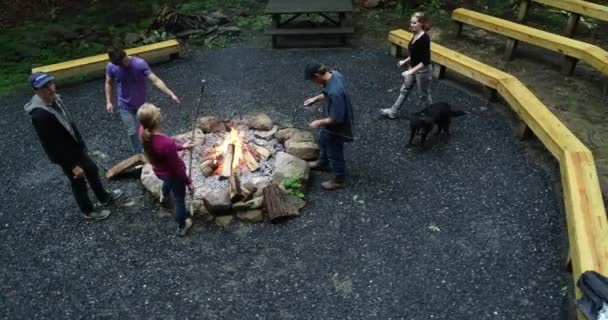 Kamp Ateşinin Etrafında Köpekli Bir Ailenin Yörüngesinde Uçuşan Marshmallow Lar — Stok video