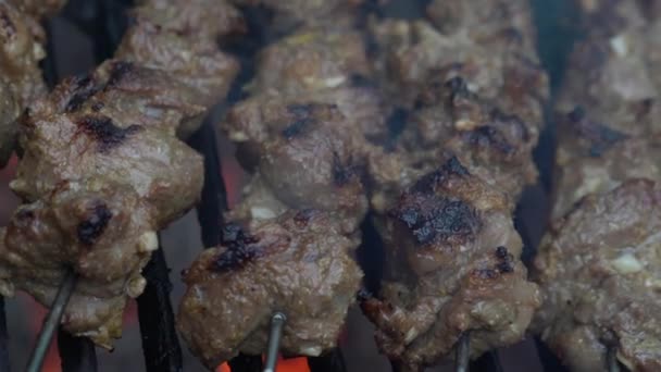 Ekstrem Nærbilde Som Glir Til Høyre Svidd Lammekjøtt Shish Kabob – stockvideo