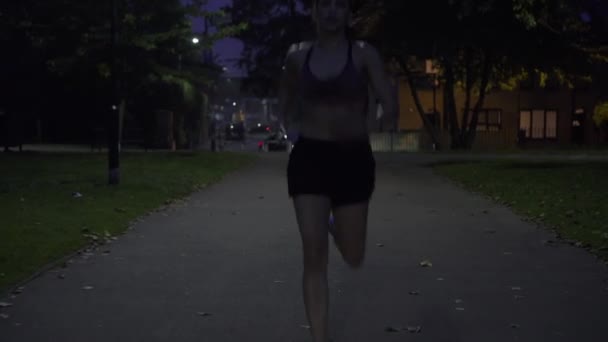 Moving Shot Sweaty Young Fit Mediterranean Looking Woman Running Park — Stock Video