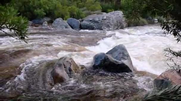 Возбуждающий Каяк Быстротечном Горном Потоке Белыми Водными Порогами — стоковое видео