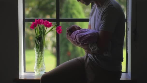 Père Berceau Emmailloté Nouveau Dans Les Bras Homme Berçant Bébé — Video