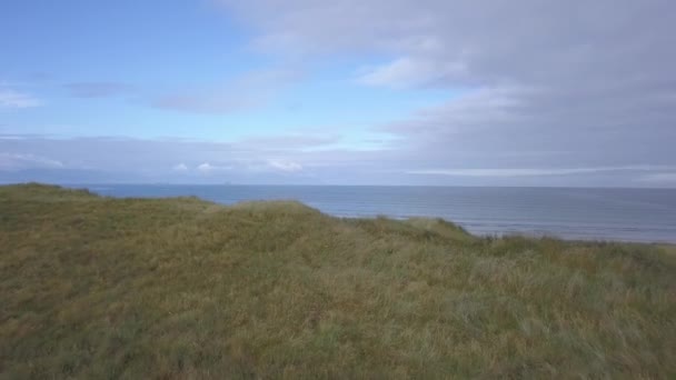 Telecamera Vola Sopra Verdi Dune Sabbia Erbosa Rivelando Vasto Oceano — Video Stock