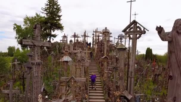 Aerial Shot Famous Religious Pilgrimage Site Hill Crosses Lithuania — Stock Video
