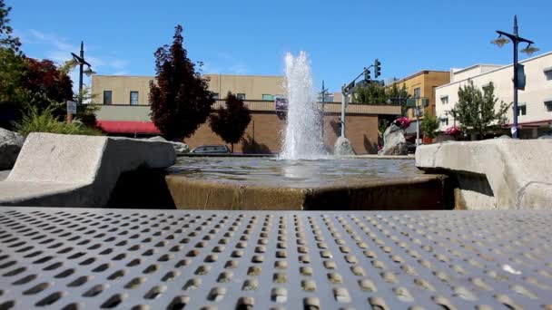 Urban Vattenpark Med Vatten Fontän Träd Och Blå Himmel Skjuten — Stockvideo