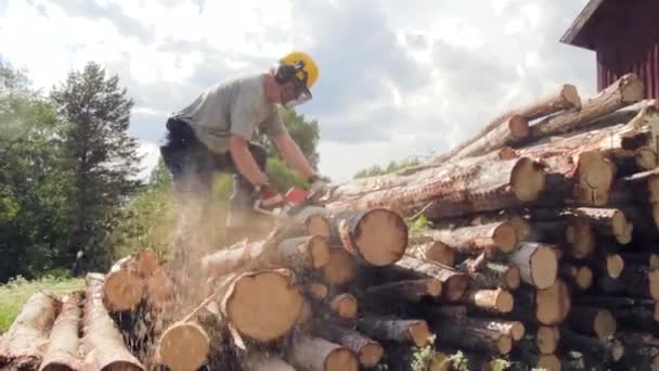 Ein Mann Der Mit Der Kettensäge Holz Schneidet — Stockvideo