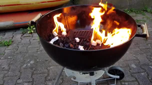 뜨거운 위에서 불꽃이 나오고 정원에서 친구들을 요리를 — 비디오
