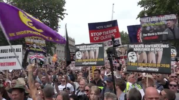 Protestas Ondean Banderas Carteles Manifestación Free Tommy Robinson Whitehall Londres — Vídeo de stock