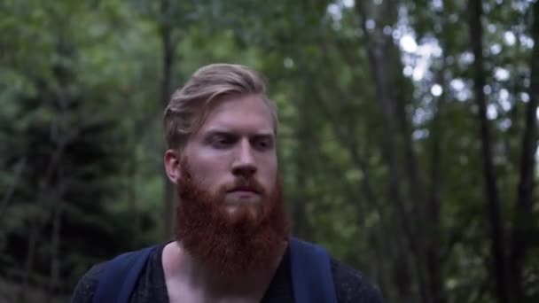 Beau Jeune Homme Barbe Pleine Marchant Dans Forêt Avec Sac — Video