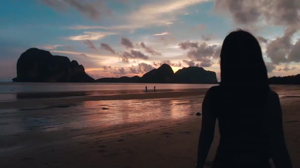 海と島の景色を楽しむ夕日のビーチを歩く若いアジアの女の子 かわいい女の子はビーチを歩き 休暇を楽しんでいます 日没の少女のシルエット アジアタイ Trang — ストック動画