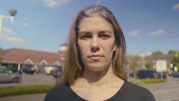 Woman Smiling Standing Car Park Portrait — Stock Video