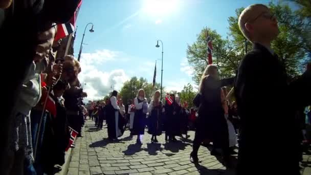 Norway National Day Beautiful Procession Traditional Dress Happy Joyful Norwegians — Stock Video