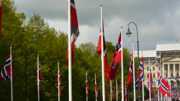 Norges Nationaldag Vacker Procession Traditionell Klänning Glada Och Glada Norrmän — Stockvideo