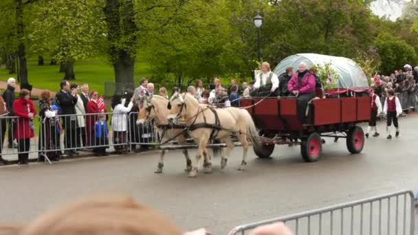 Norges Nationaldag Vacker Procession Traditionell Klänning Glada Och Glada Norrmän — Stockvideo