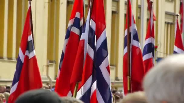 Norges Nationaldag Vacker Procession Traditionell Klänning Glada Och Glada Norrmän — Stockvideo
