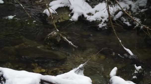 사이로 흐르는 눈덮인 강바닥을 클로즈업하는 — 비디오