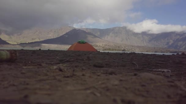 Camping Hiking Active Volcano Indonesia Beautiful Drone Shot Tent Rinjani — Stock Video