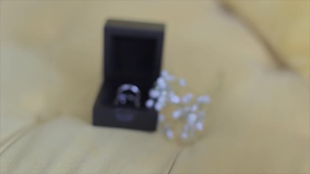 在枕头或心形盒子上的结婚戒指 — 图库视频影像