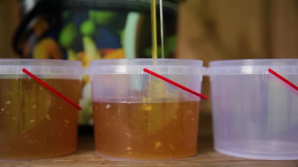 Pouring Freshly Harvested Honey Smaller Jars Nature Gold Bee Honey — Stock Video