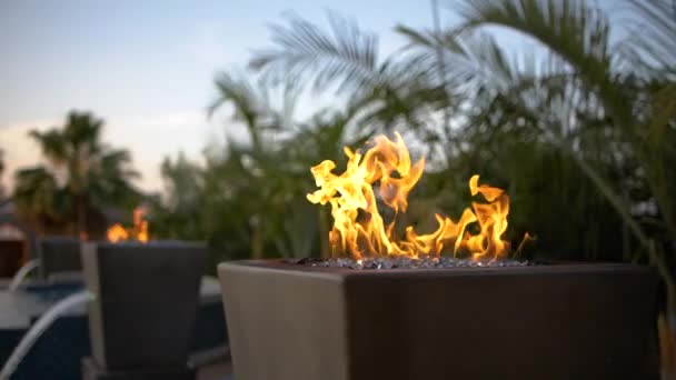 Вогонь Повільному Русі Басейном Фонтаном Деревами — стокове відео