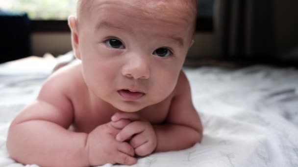 Retrato Bebê Rastejando Cama Seu Quarto — Vídeo de Stock