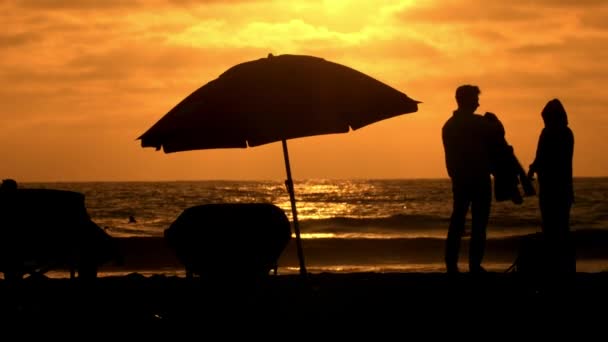 Umbrella Silhouette Peaceful California Beach — Stock Video
