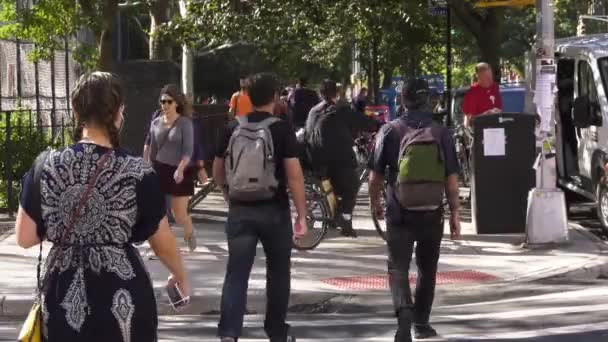 Folk Går Genom Ett Livligt Gathörn Nära Tompkins Square — Stockvideo