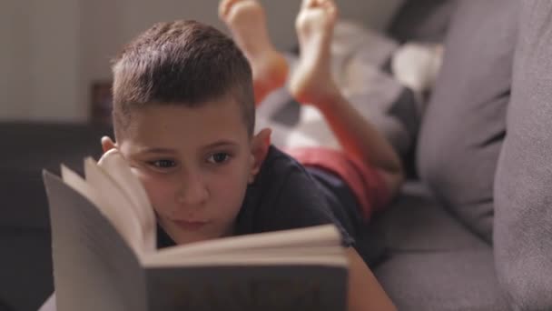 Милий Маленький Хлопчик Лежить Дивані Вдома Читає Книгу Вголос — стокове відео