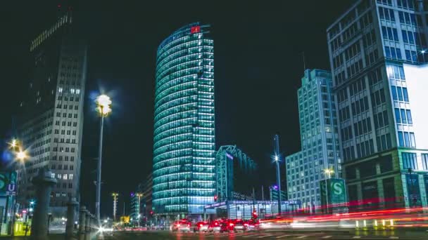 Zeitraffer Potsdamer Platz Berlin Bei Nacht Sony Center Und Tower — Stockvideo