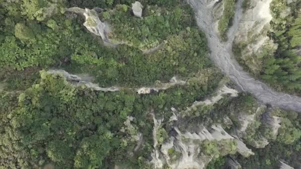 Top Aerial Flyover Putangirua Pinnacles River New Zealand Popular Hiking — Stock Video