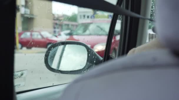 Side Mirror Rainy Day Cars Passing Background — Stock Video