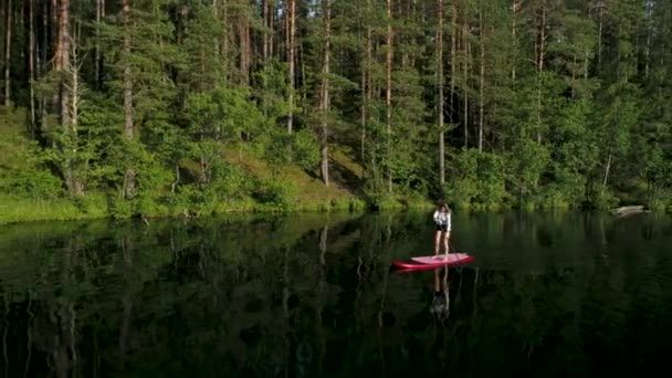 อภาพถ ายกล องโดรนทางอากาศของหญ งสาวสวย Caucasian ลอยอย บนกระดานย นพายเร Sup ในทะเลสาบ — วีดีโอสต็อก